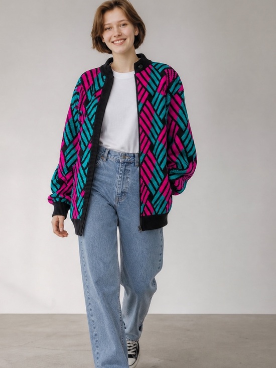 Chori Jackets & Blazers - Vintage 80s Chori Oversized Colourblock Geometric Knit Bomber Jacket Pink Teal S